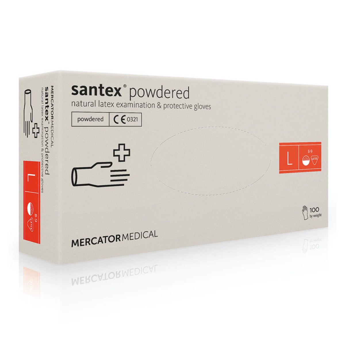 Mănuși din latex nesterile pSANTEX, L (8–9), cu pudră, netede, Mercator,  minim 50 bucăți