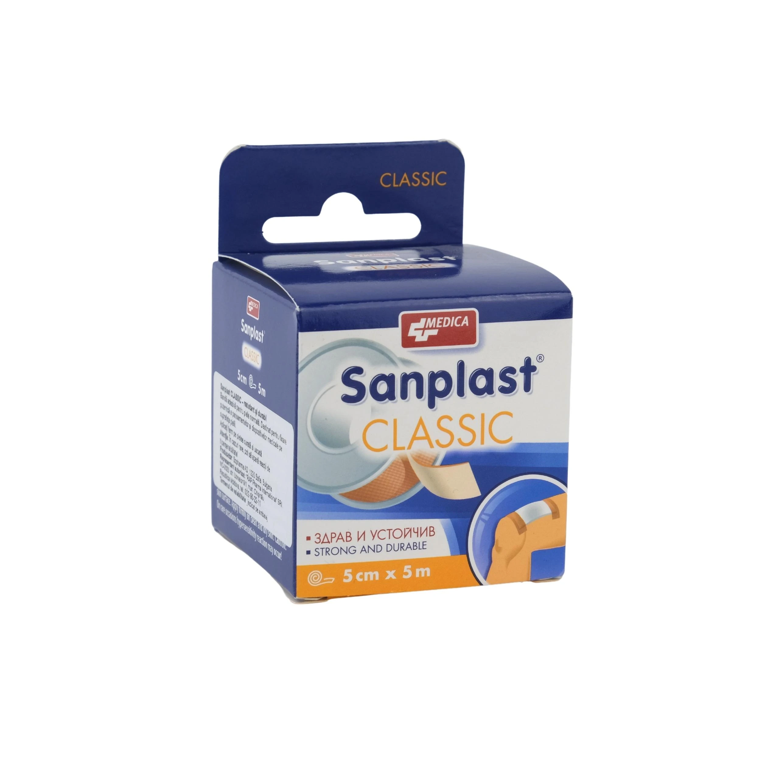Emplastru SANPLAST Classic 5,0 cm x 5,0 m (rulou, textil, ambalaj plastic) Medica 