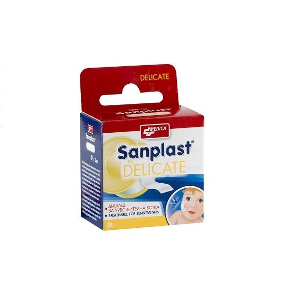 Emplastru SANPLAST Delicate 1,25 cm x 5,0 m (rulou, bază hârtie și plastic) Medica 