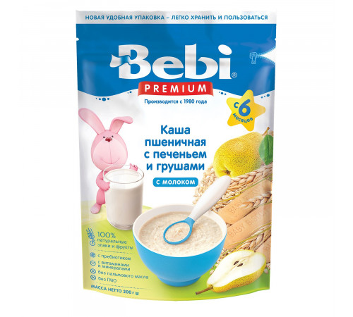 Bebi Premium “Каша молочная пшеничная с печеньем и грушами” 200 г (с 6 месяцев)