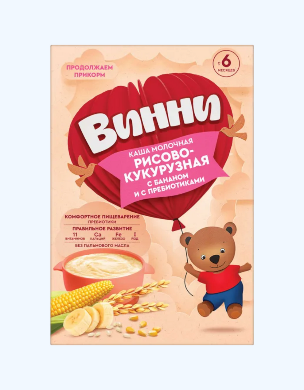 Винни “Молочная рисово-кукурузная каша с бананом и пребиотиками” 200 г (с 6 месяцев)