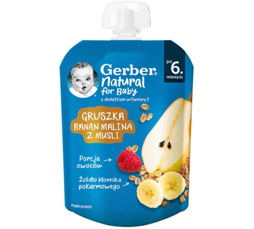 Gerber пюре фруктовое “Груша, банан, малина с мюсли” 80 г (пауч) (с 6 месяцев)