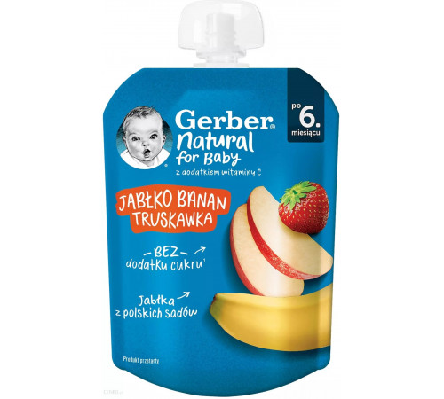 Gerber пюре фруктовое “Яблоко, банан, клубника” 80 г (пауч) (с 6 месяцев)