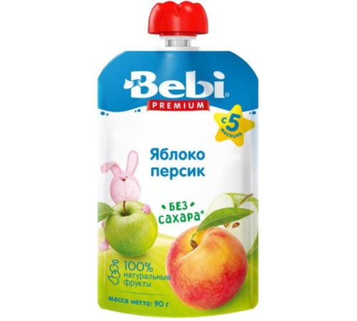 Bebi Premium Piure „Măr, Piersic” 90 g (5 luni+)