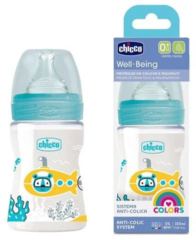 Бутылочка CHICCO 150 мл Well Being UNISEX (пластик + силиконовая соска) (0 месяцев+)