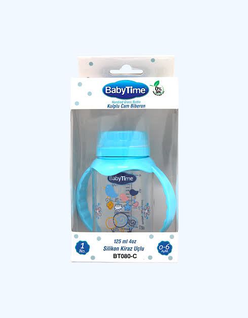 Бутылочка BabyTime стеклянная BT080-C 125 мл, силиконовая соска (с ручками)