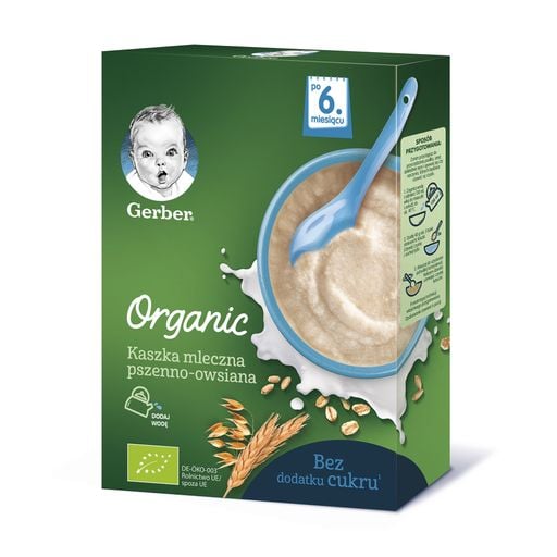 Gerber каша Organic с молоком, пшеницей, овсом и бананами 240 г (с 6 месяцев+)