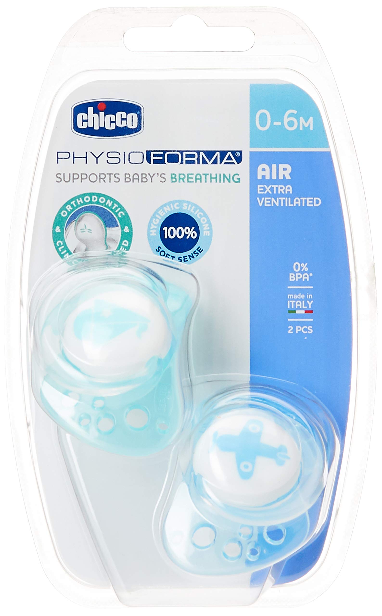 Соска CHICCO SILICON Physio Air ортодонтическая Blue с кольцом N2 (0–6 месяцев) (7503021)