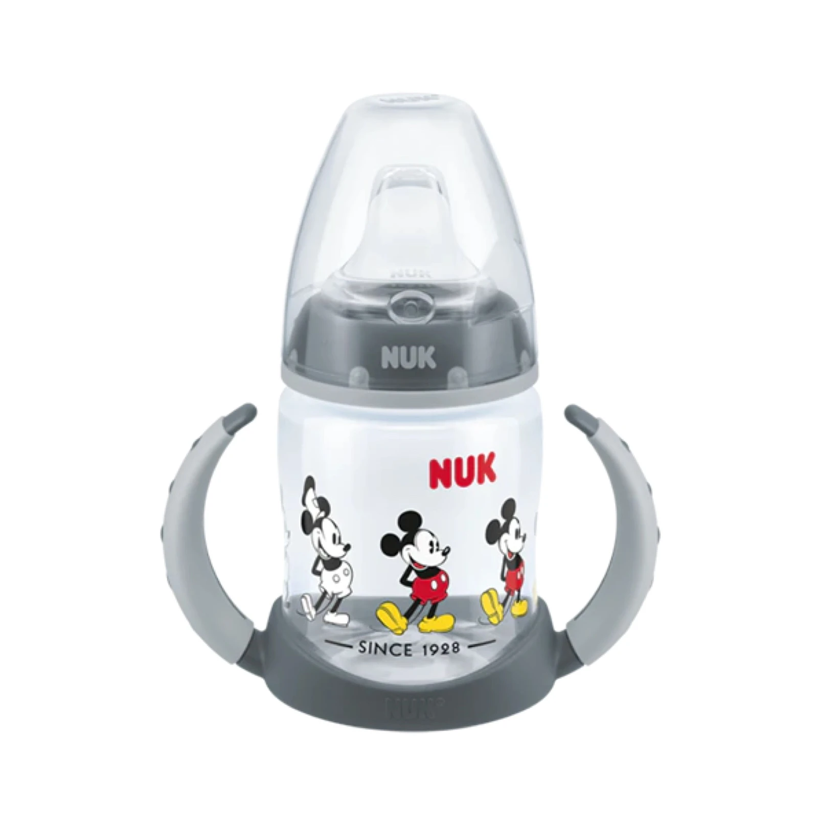 NUK Sticluță Mickey 150 ml cu mânere și adaptor (6 luni+) (215337)