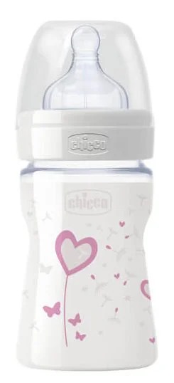 Бутылочка CHICCO 150 мл, украшенная, стекло GIRL (стекло + силиконовая соска)