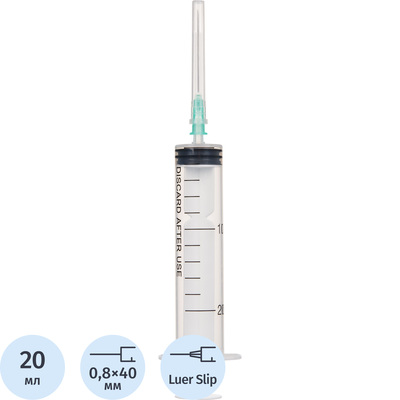 Шприцы одноразовые 20 мл China Medline, трёхкомпонентные, с иглой Luer Slip 21G x 1 1/2” (0,8 x 40 мм), упаковка не менее 100 штук