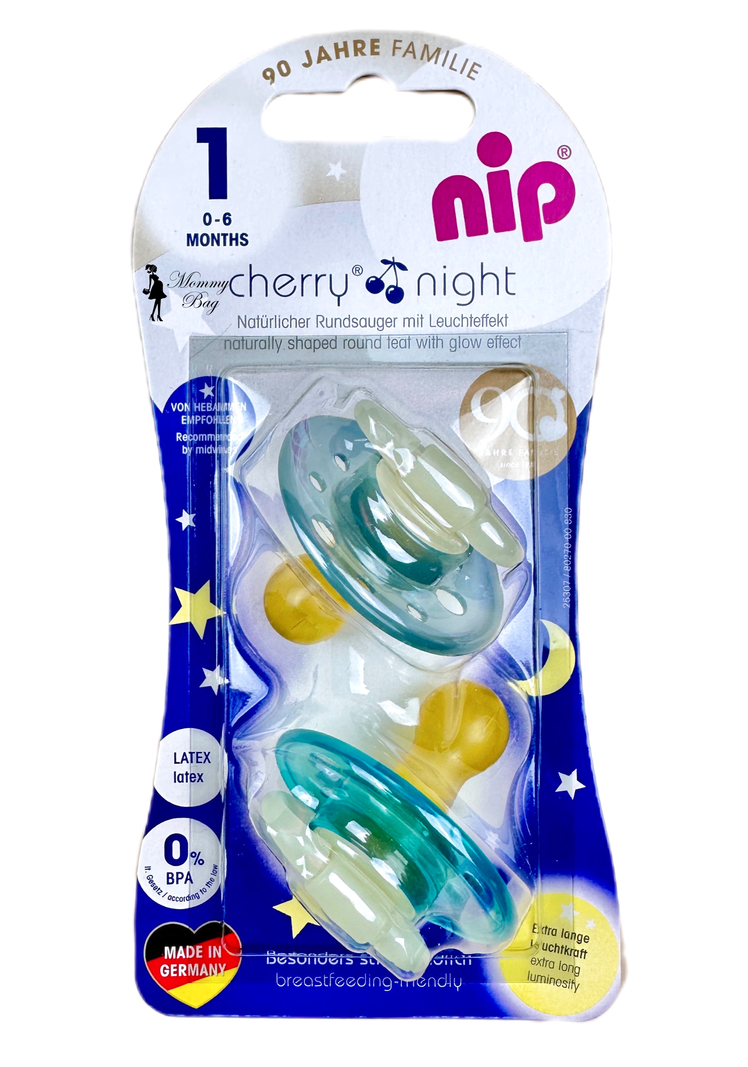 Пустышка NIP Latex 1 (0–6 месяцев) Cherry Night N2 для мальчиков синяя